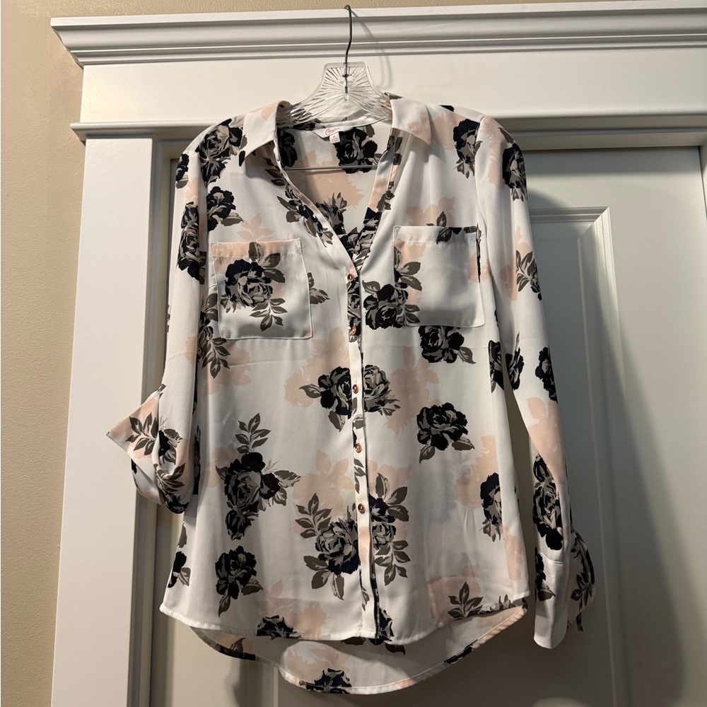 Candie's Black, Pink, white and grey Floral Button Down Shirt